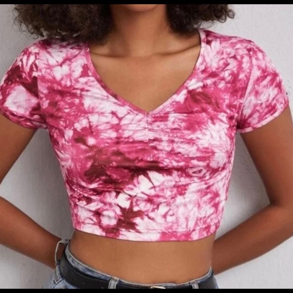 New Pink Tie Dye Rib Knit Slim Tee